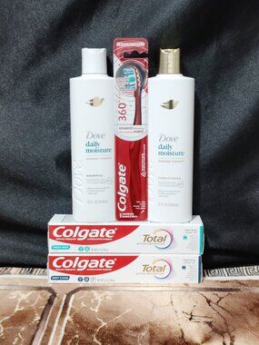 Dove Daily Moisture Shampoo & Conditioner, Colgate Toothpaste & Toothbrush